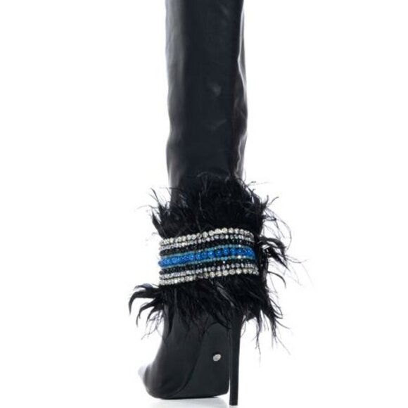 AZALEA WANG "DOING THE MOST"FEATHER EMBELLISHED KNEE HIGH BOOT/BLACK(BRAND NEW!! - Picture 5 of 9